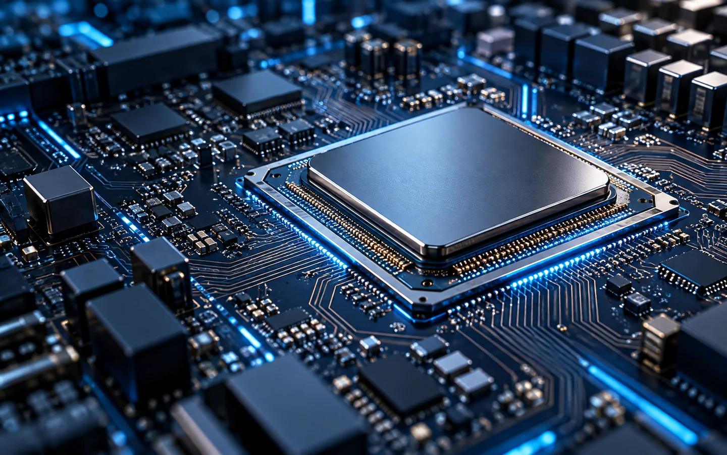 AI computing processor with fine circuitry and blue lighting.