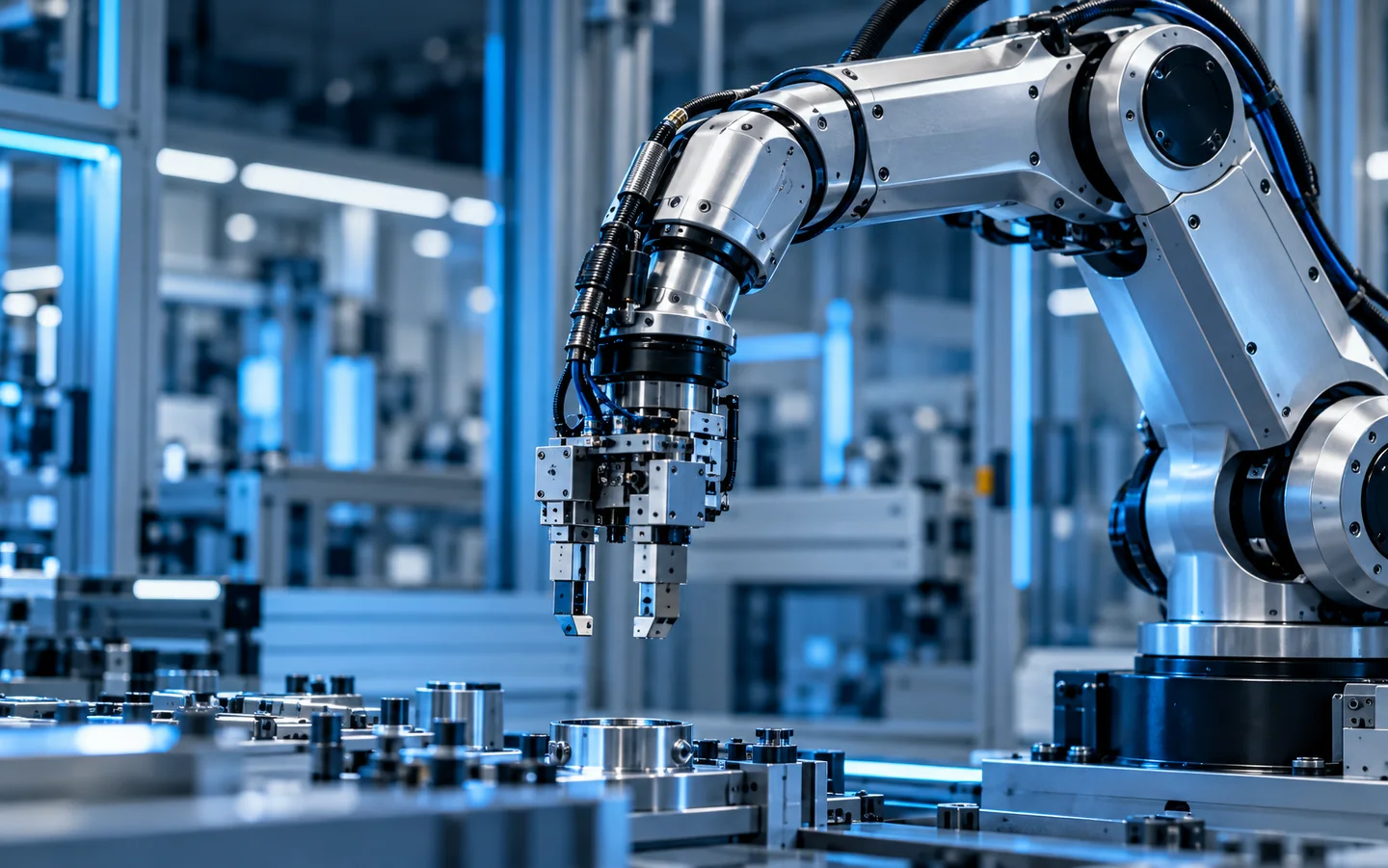 Precision robotic arm inside a modern industrial manufacturing cell.