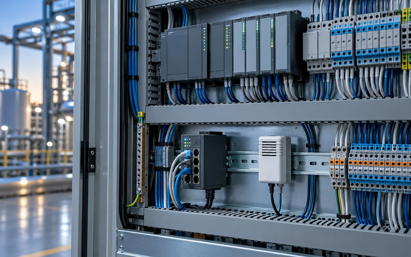 Industrial control cabinet with organized PLC modules, wiring and a network gateway.