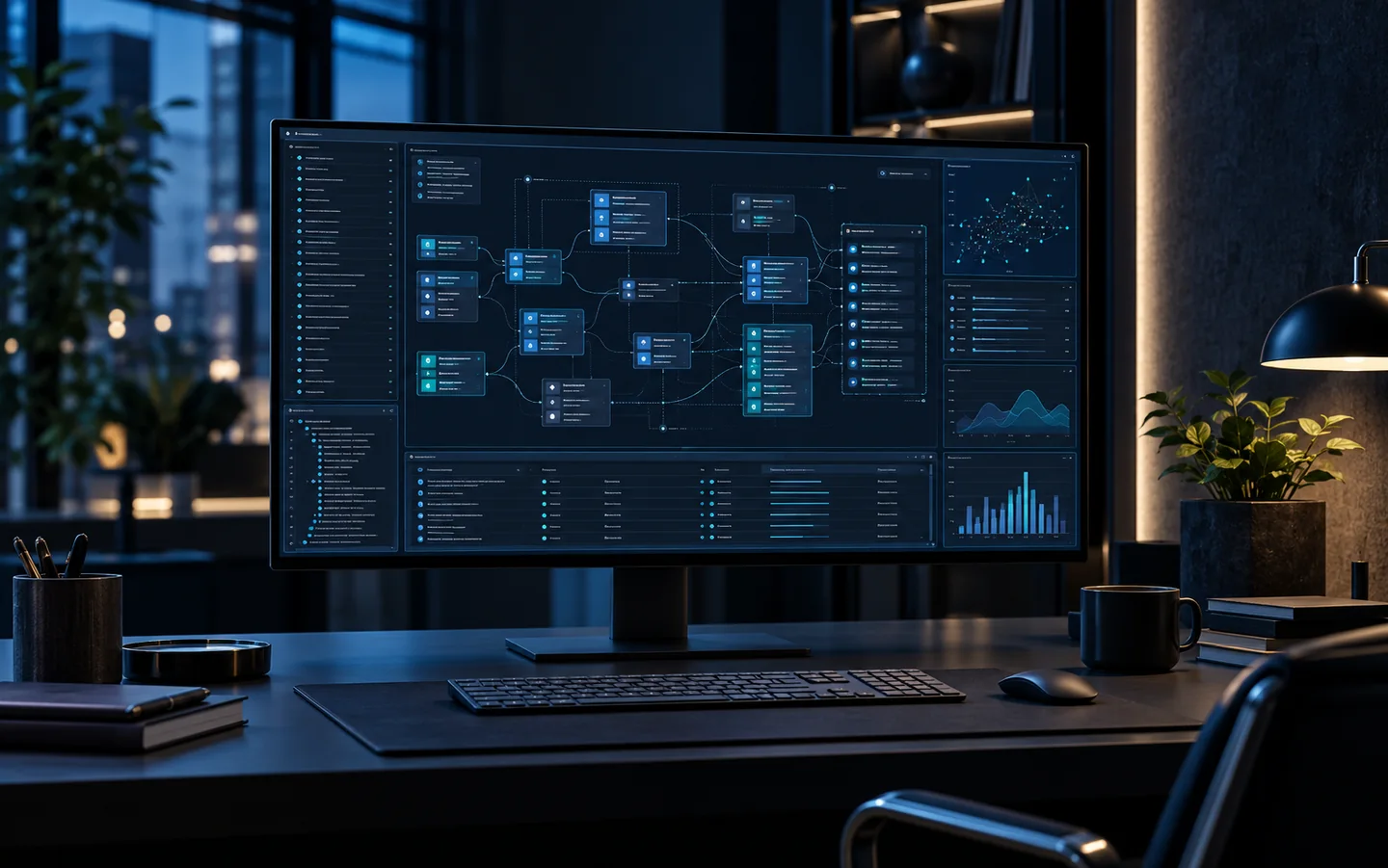 Software architecture workspace with a monitor showing connected application systems.